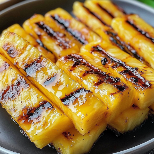 A close up of grilled pineapple slices with a drizzle of sauce on top.