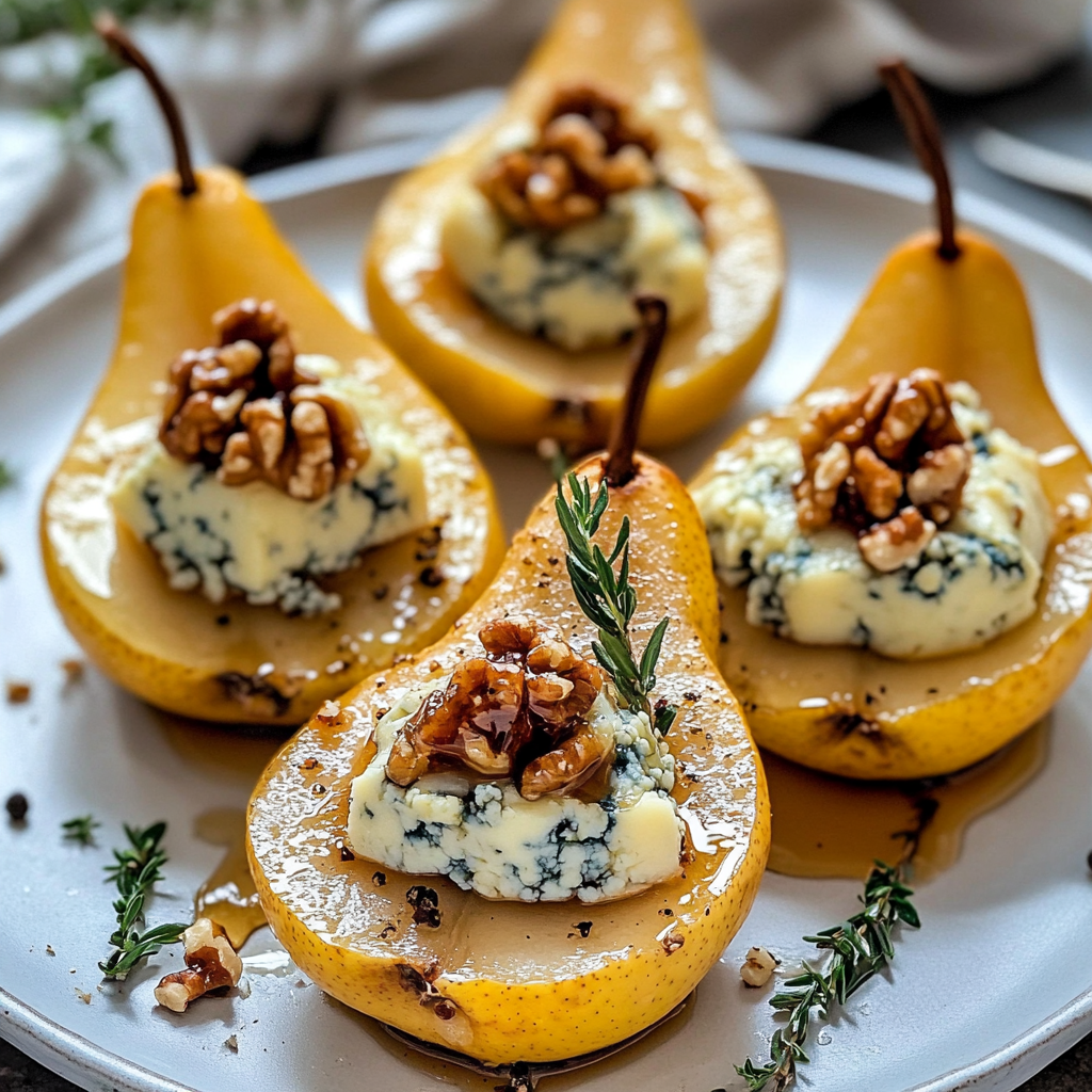 A plate of stuffed pears with blue cheese and walnuts.