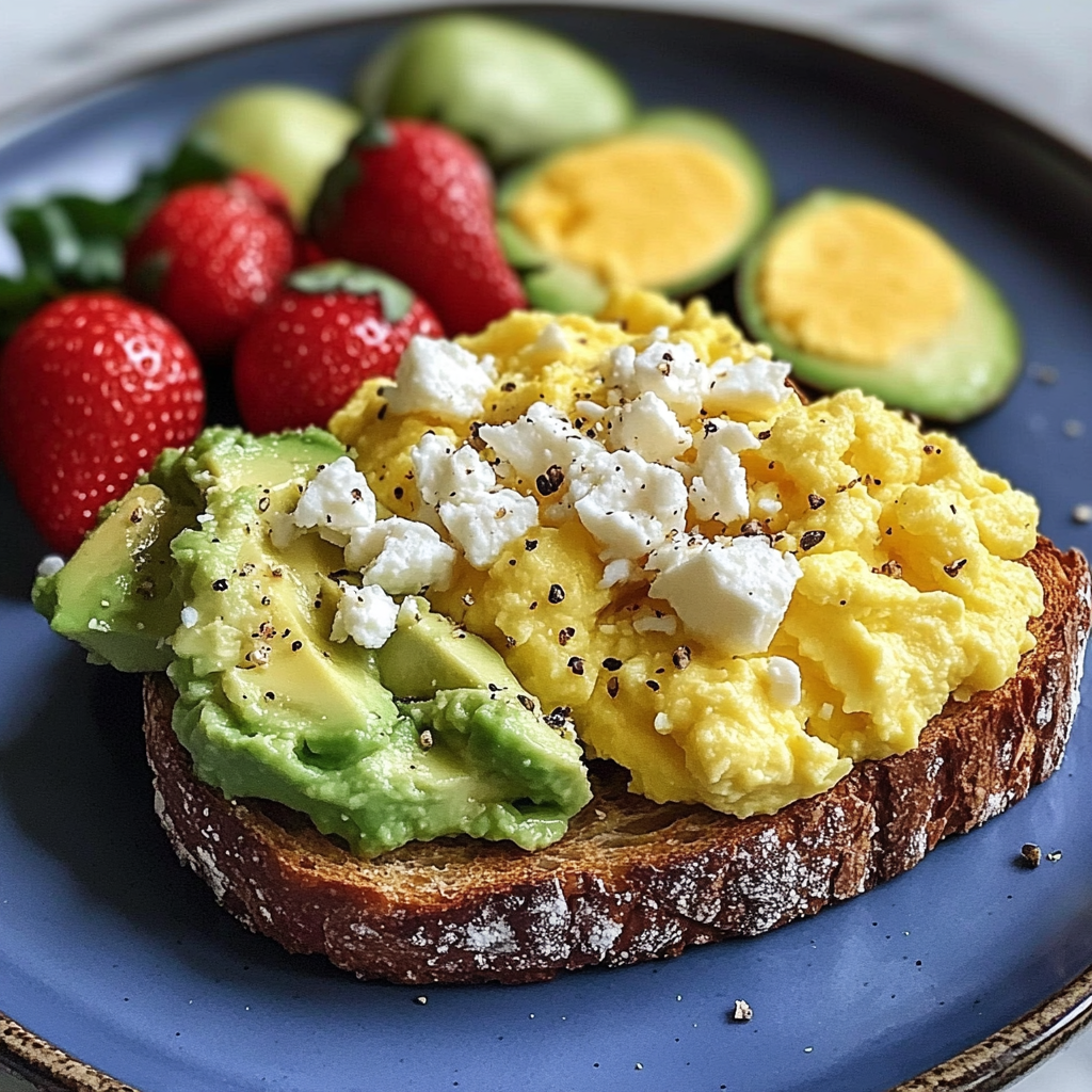 A plate of Avocado Toast with Scrambled Eggs and Fresh Fruit.