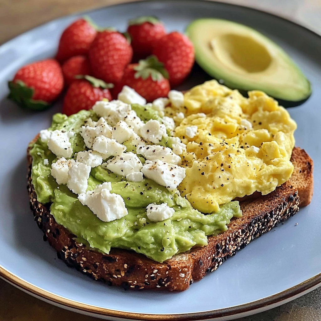 A breakfast plate with a toast, avocado, and strawberries.