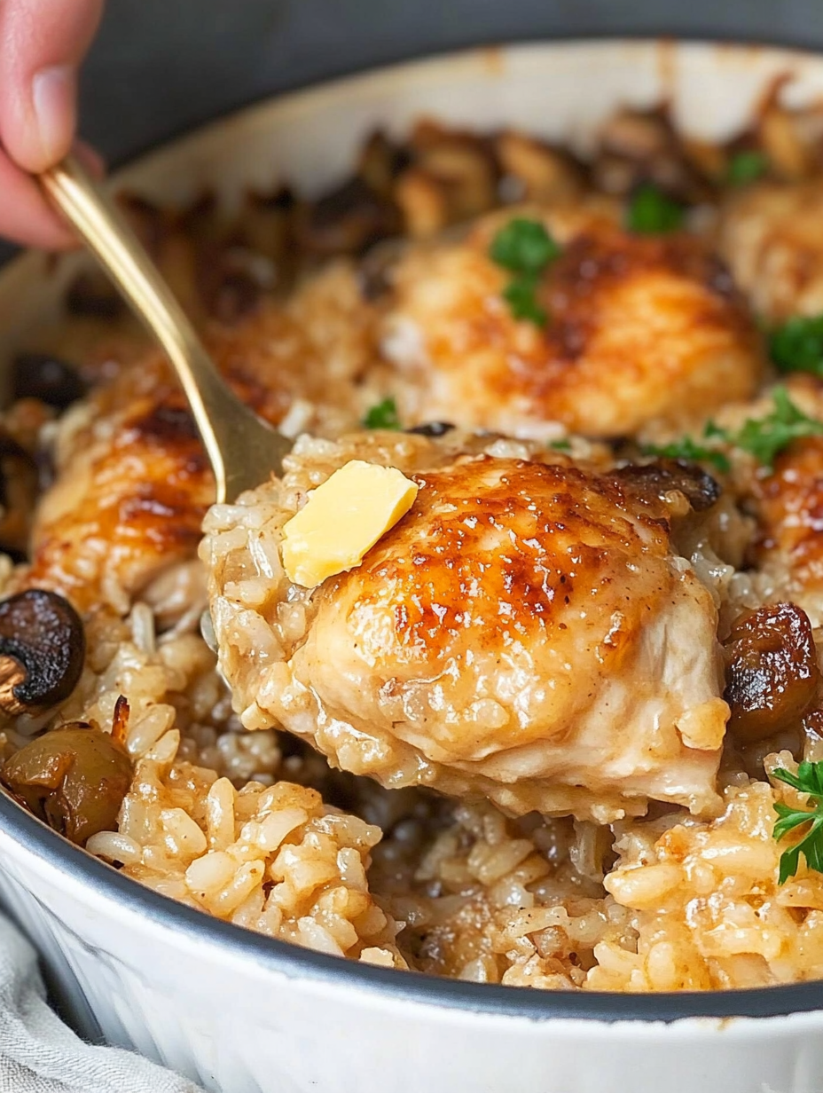 A person is serving a dish of rice and chicken with a spoon.