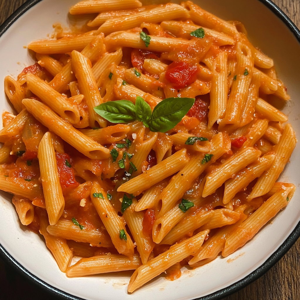 A bowl of pasta with tomato sauce and basil.