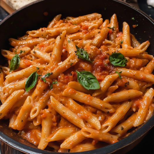A bowl of pasta with marinara sauce and herbs.