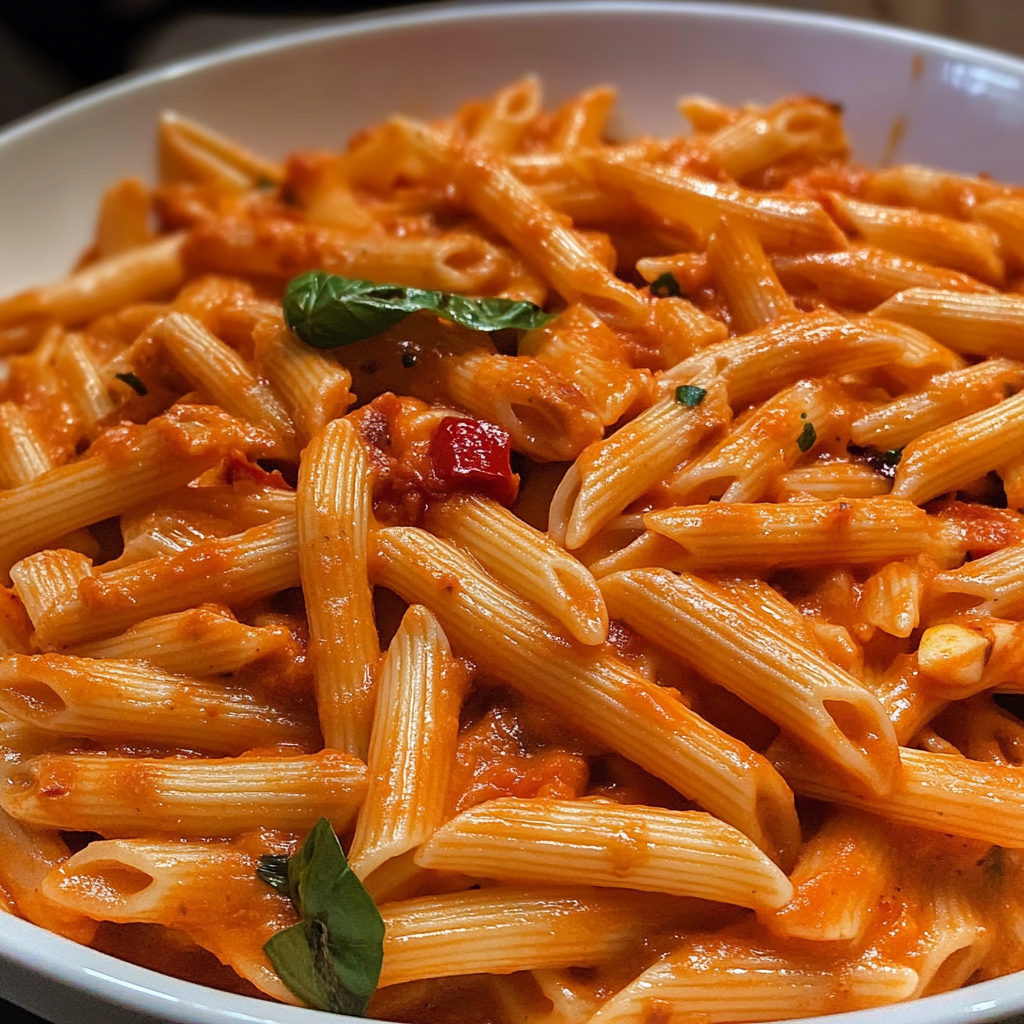 A bowl of pasta with red sauce and green herbs.