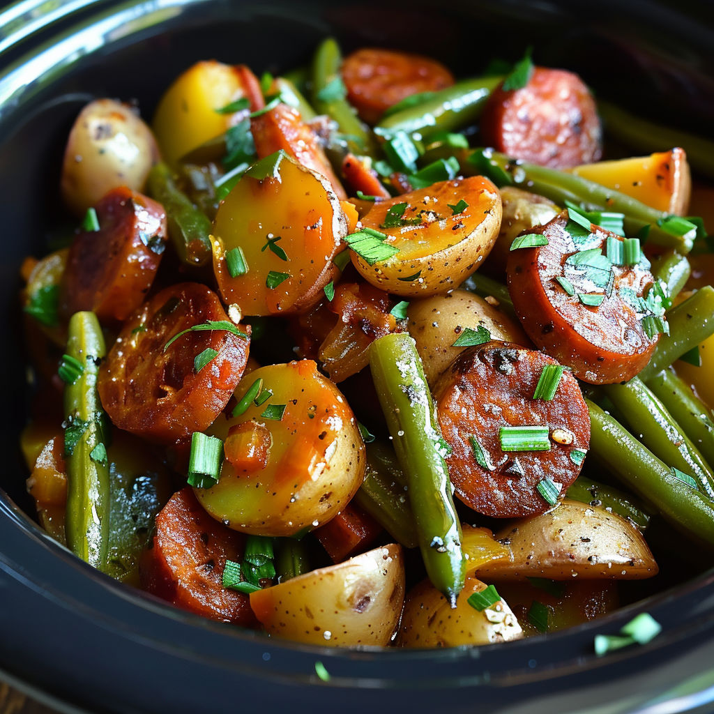 A bowl of food with sausage, potatoes, green beans, and carrots.