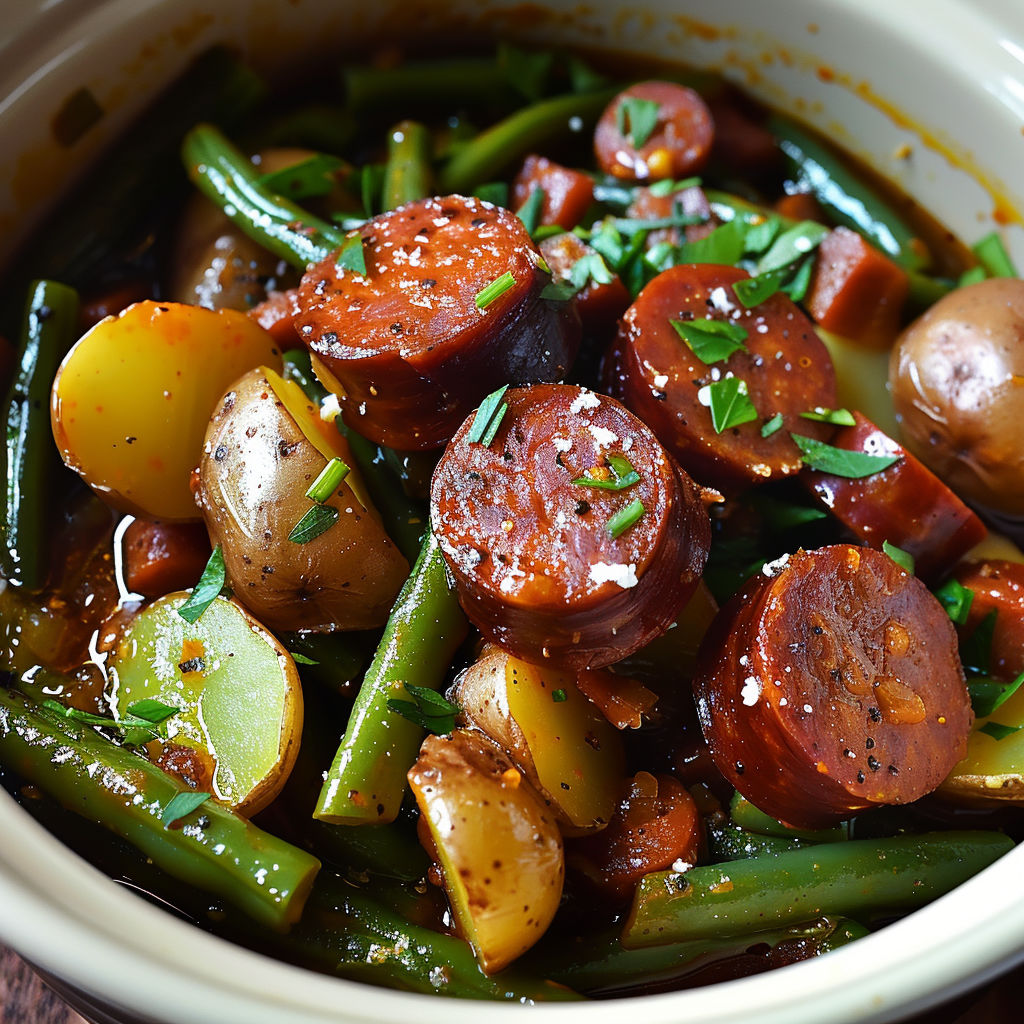 A bowl of food containing sausage, potatoes, and green beans.