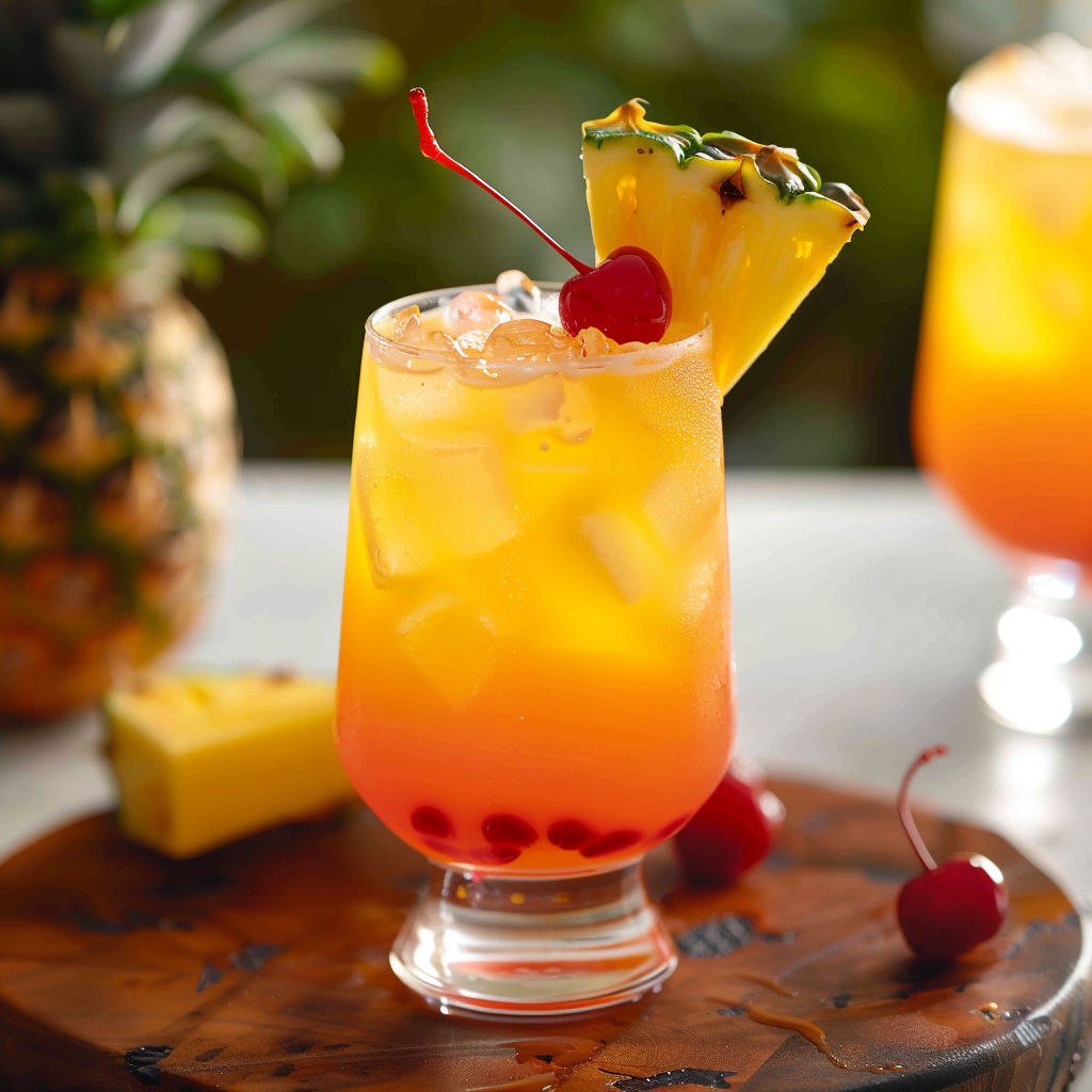 A glass of pineapple juice with a pineapple wedge and cherry garnish.