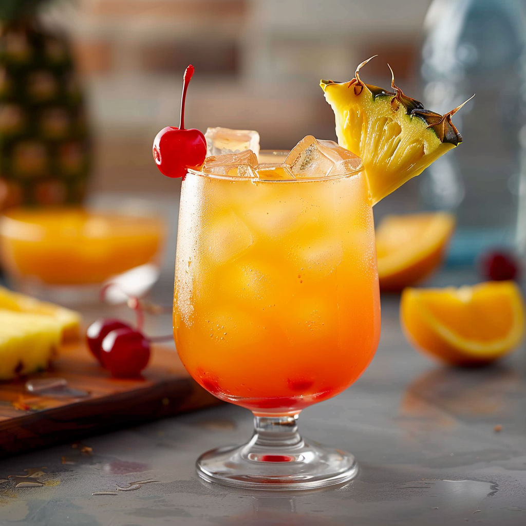 A glass of pineapple juice with a cherry on top, accompanied by a slice of pineapple and a slice of lemon.