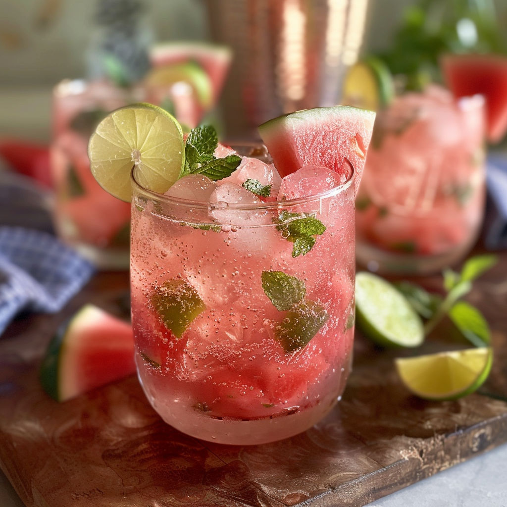 A glass of watermelon and mint drink is served in a copper cup.