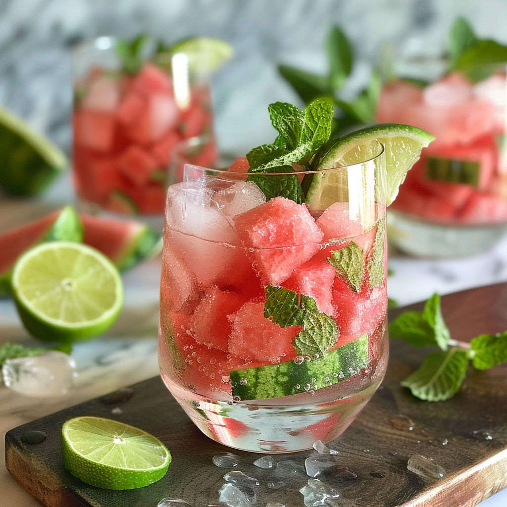 A glass of watermelon and mint cocktail is served on a wooden cutting board.