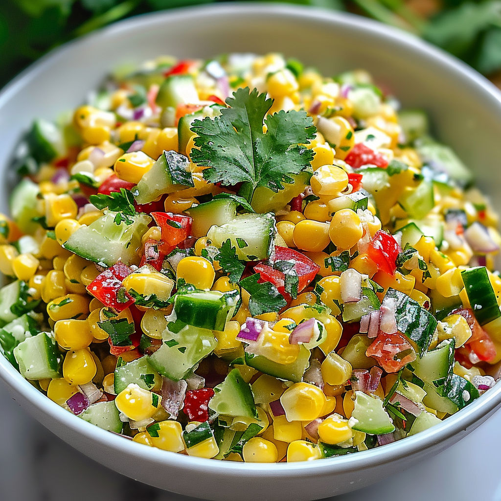 A bowl filled with a colorful salad containing corn, cucumbers, tomatoes, and onions.