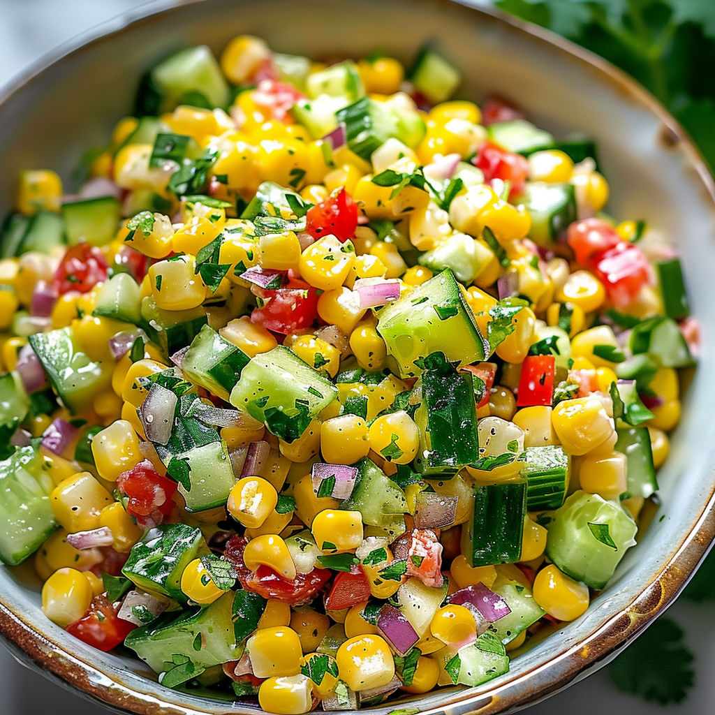 A bowl of fresh vegetables, including corn, tomatoes, and cucumbers, is ready to be served as a healthy and delicious salad.
