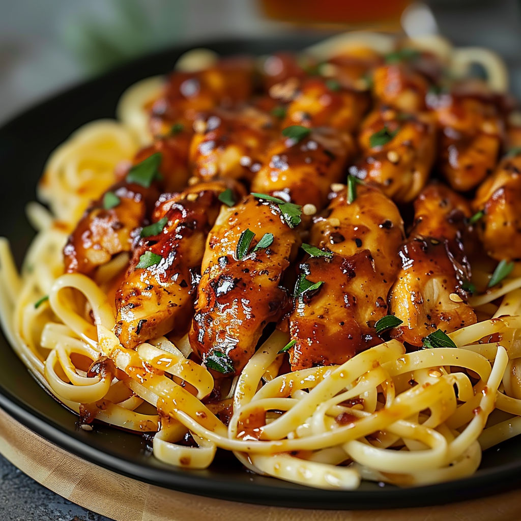 A plate of chicken and pasta with a sauce on top.