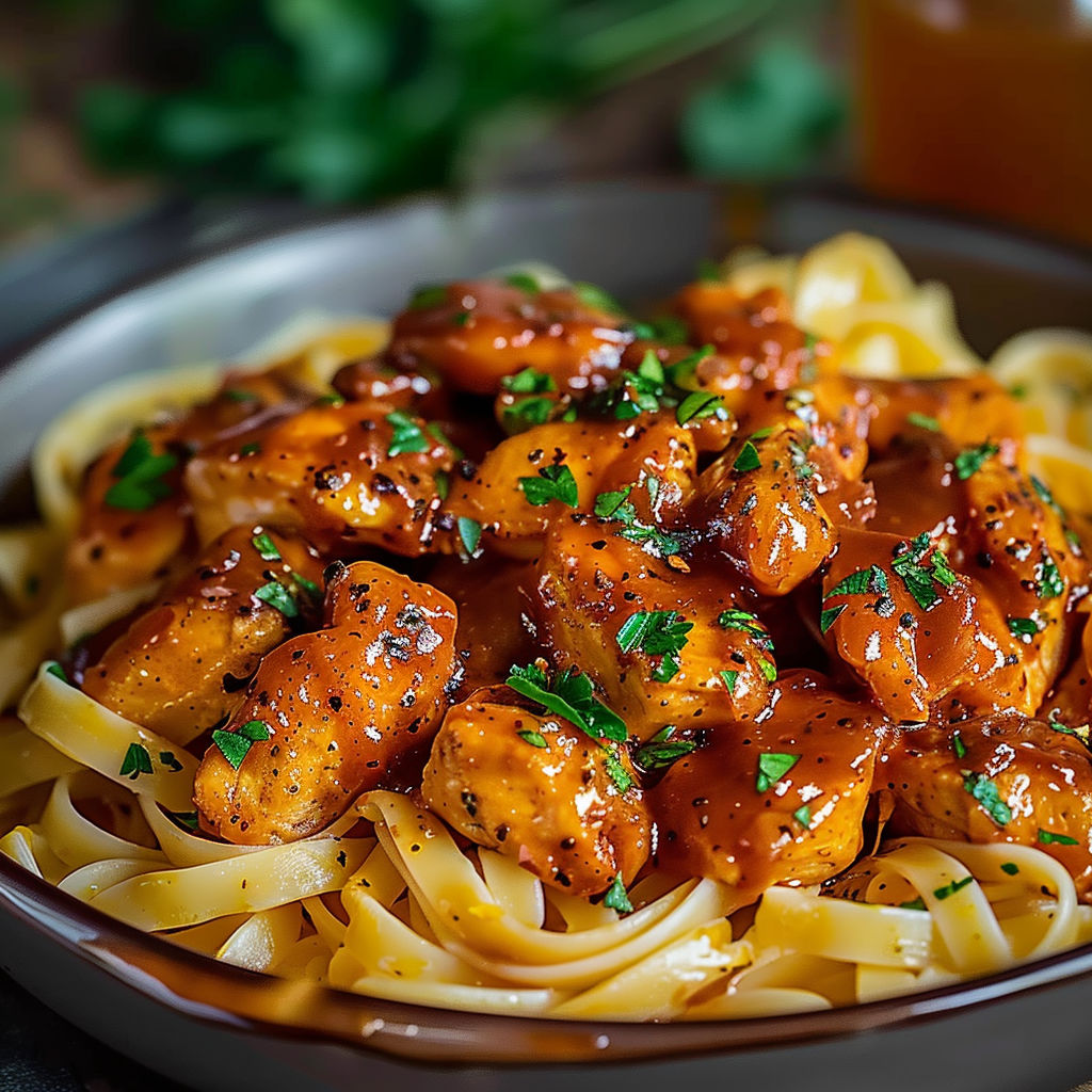A bowl of pasta with chicken and sauce, possibly a creamy alfredo sauce.