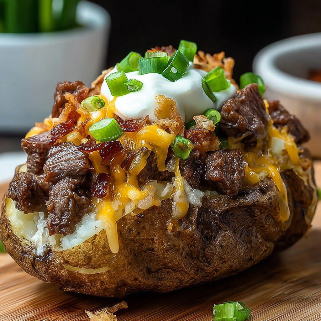 Big baked potato with steak bites and creamy sauce, sitting on a cutting board.