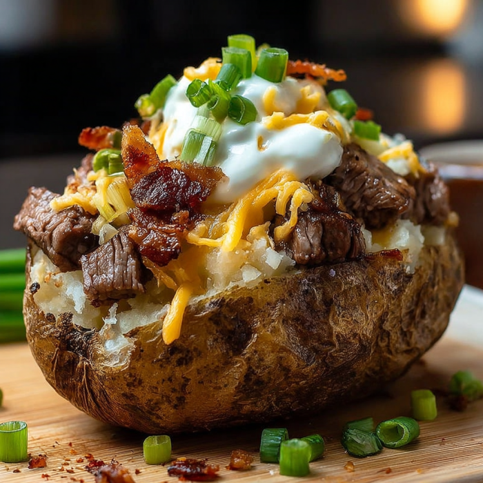 Baked potato overflowing with steak bites and melty cheese on top.