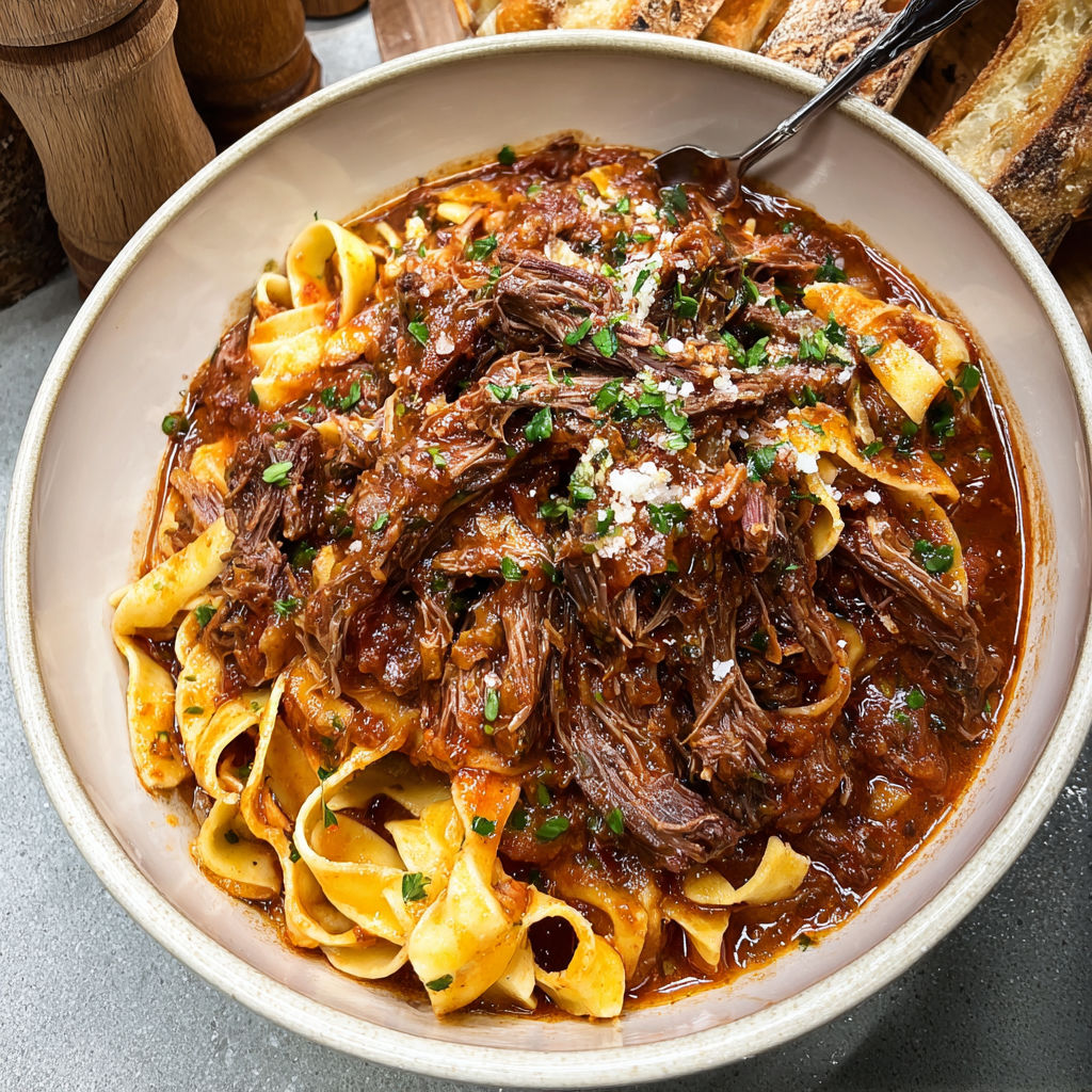 A bowl of pasta with meat and sauce, possibly beef stew, is served with a spoon.