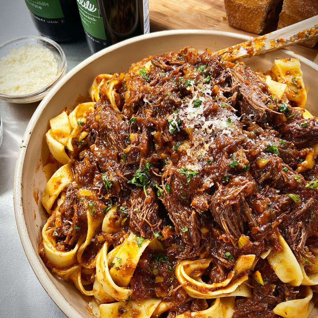 A delicious Slow-Cooked Short Rib Ragu is served in a bowl, garnished with fresh herbs and spices.