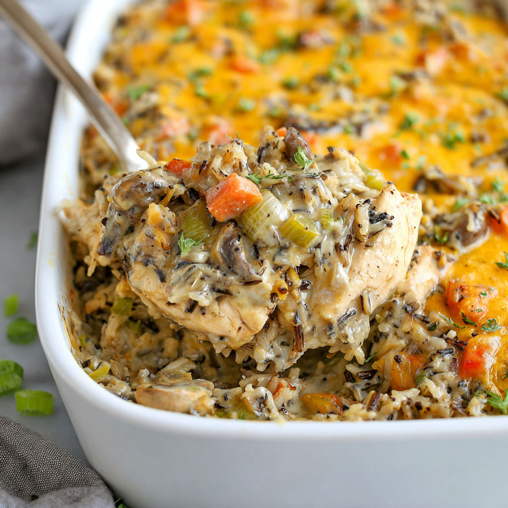 A white bowl filled with a delicious Chicken Wild Rice Casserole.