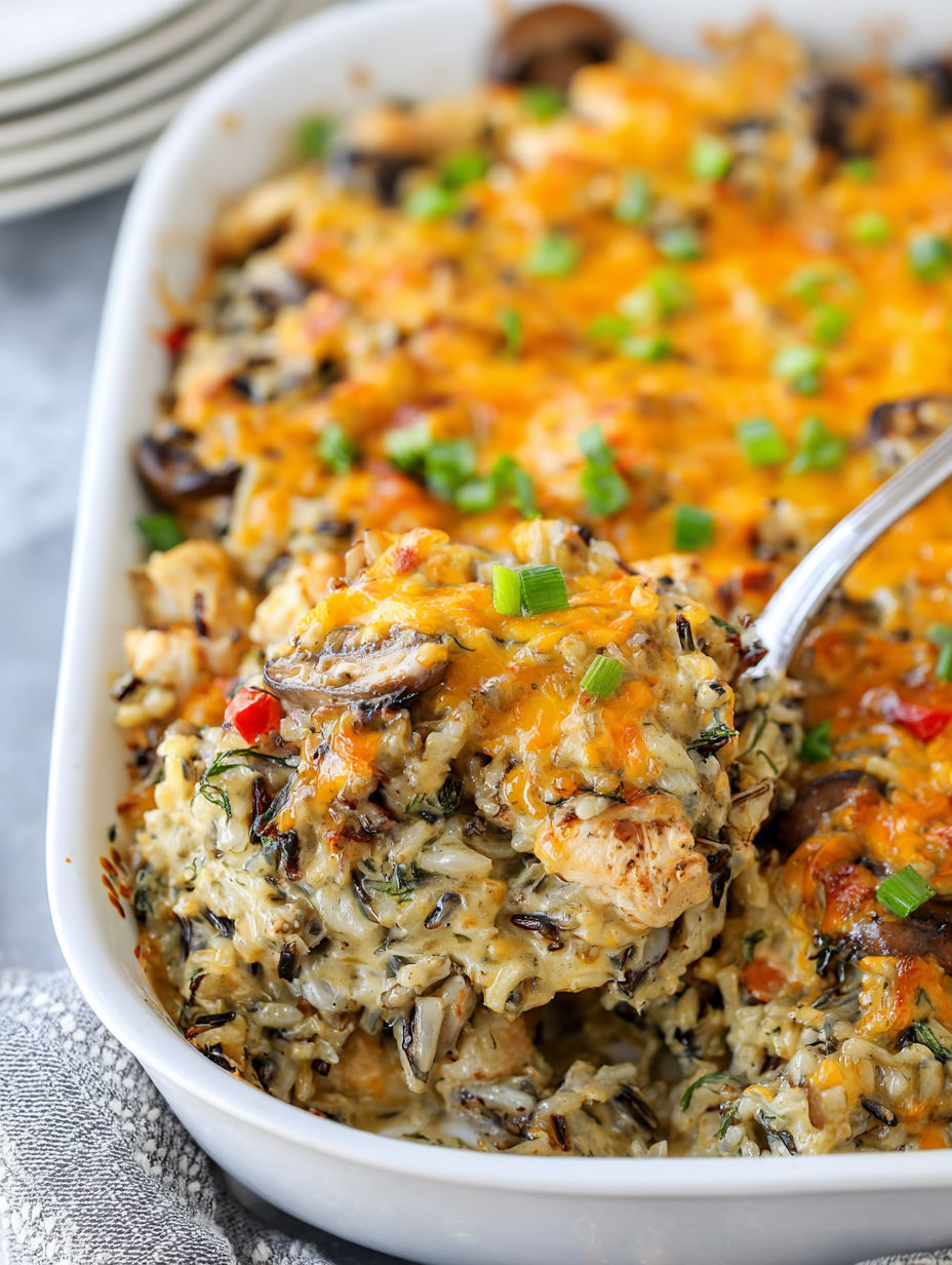 A delicious dish of chicken and rice with mushrooms and peppers, served in a white bowl.