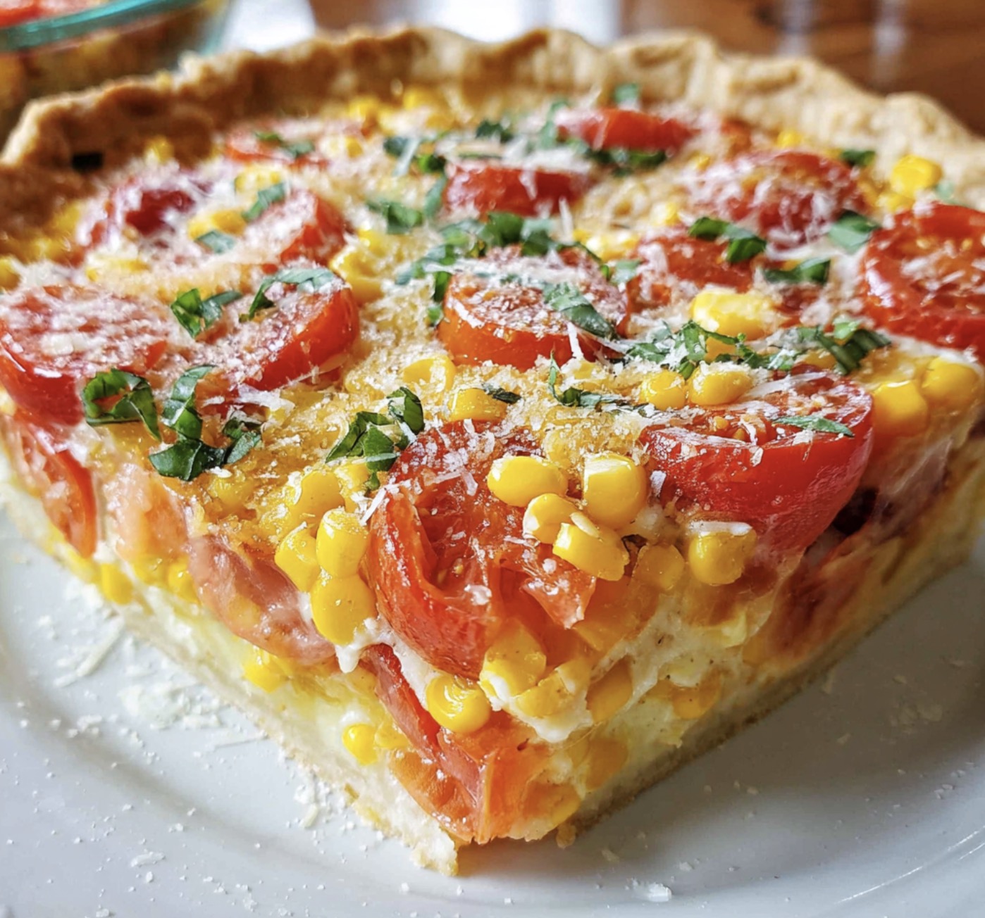 A slice of Tomato and Corn Pie on a white plate.