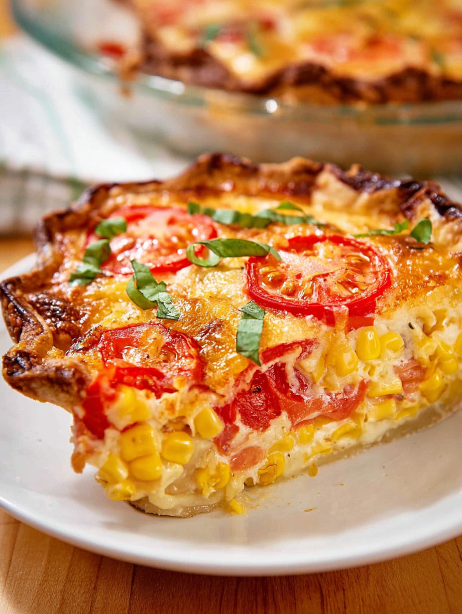 A slice of tomato and corn pizza on a white plate.