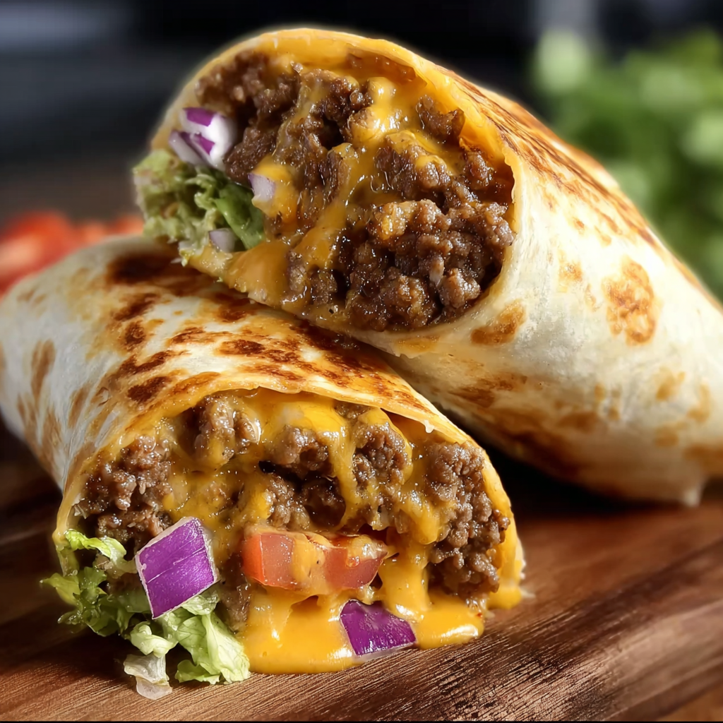 Two cheeseburger burritos, one with meat and cheese, the other with meat and cheese, are served on a wooden table.