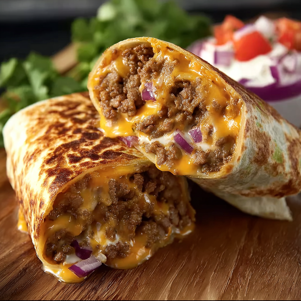 A delicious burrito filled with meat and cheese, ready to be enjoyed.