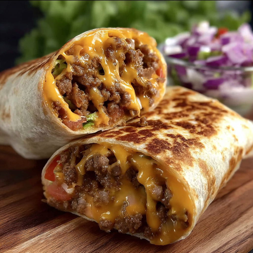 A delicious burrito filled with meat and cheese is served on a wooden table.