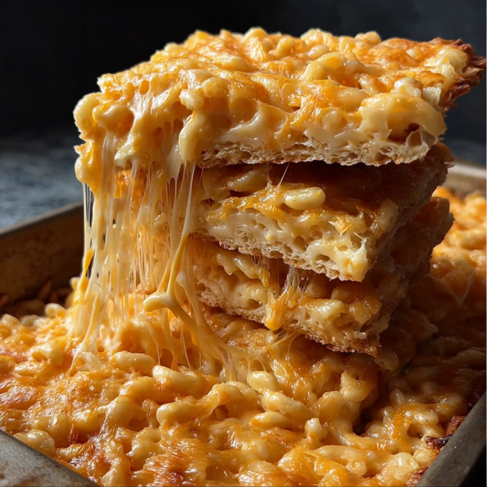 A close up of a cheesy macaroni casserole with a slice of bread on top.