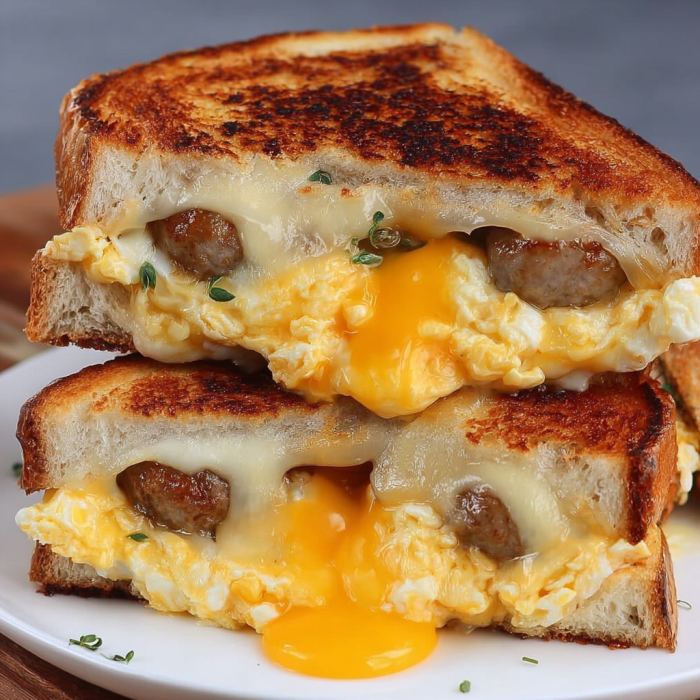 Stacked breakfast sandwich bursting with cheese, eggs, and sausage.