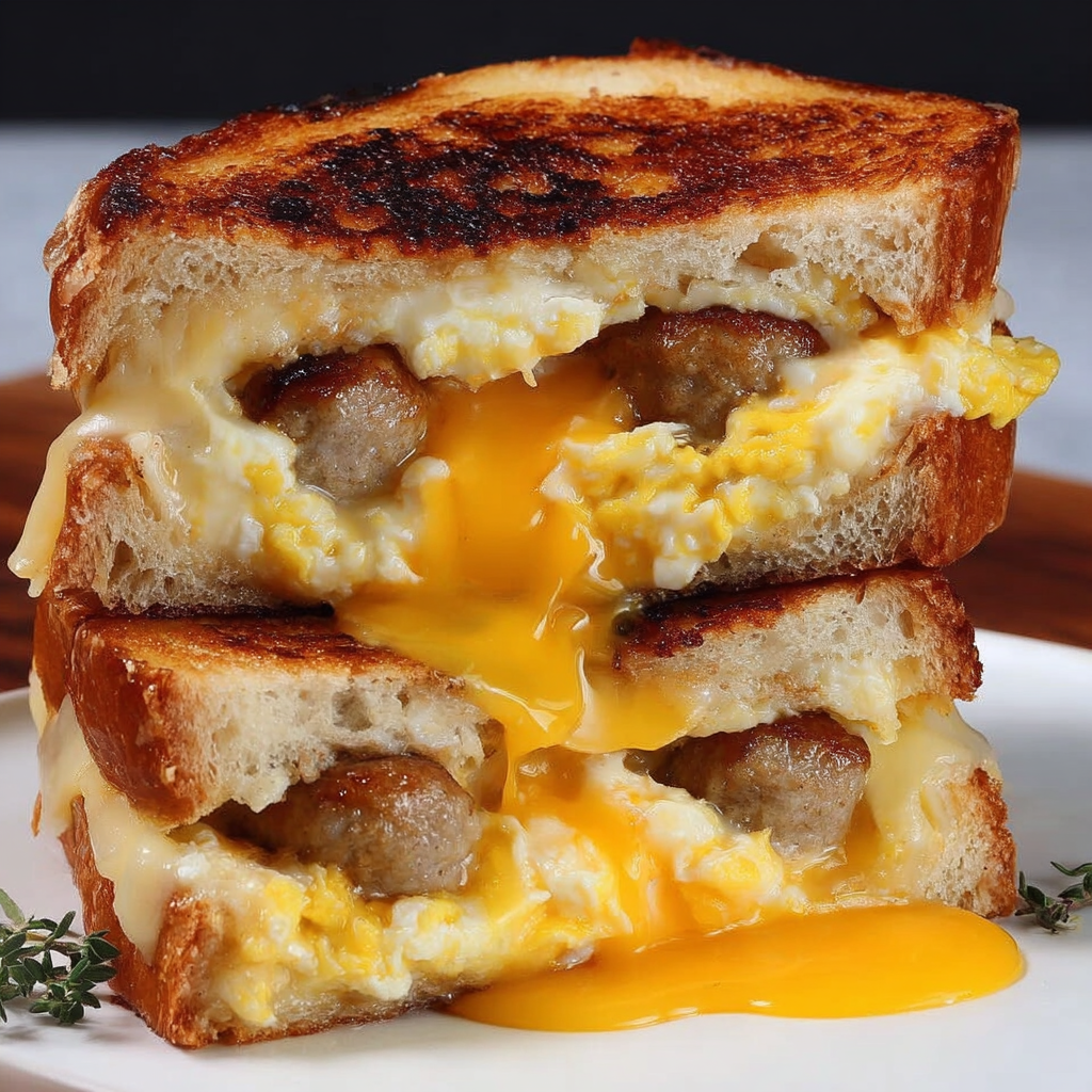 Stacked breakfast sandwich stuffed with sausage, cheese, and eggs.