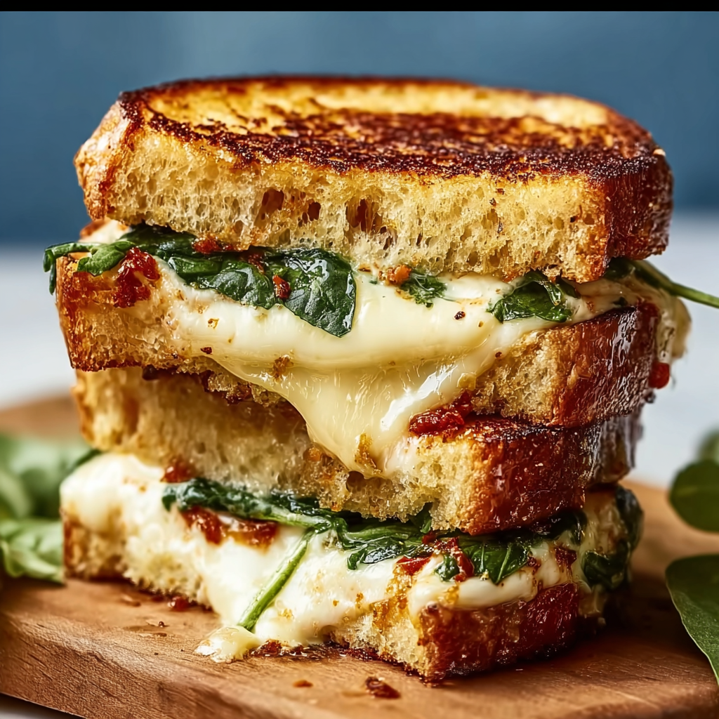 A sandwich with cheese, spinach, and tomato on a wooden cutting board.