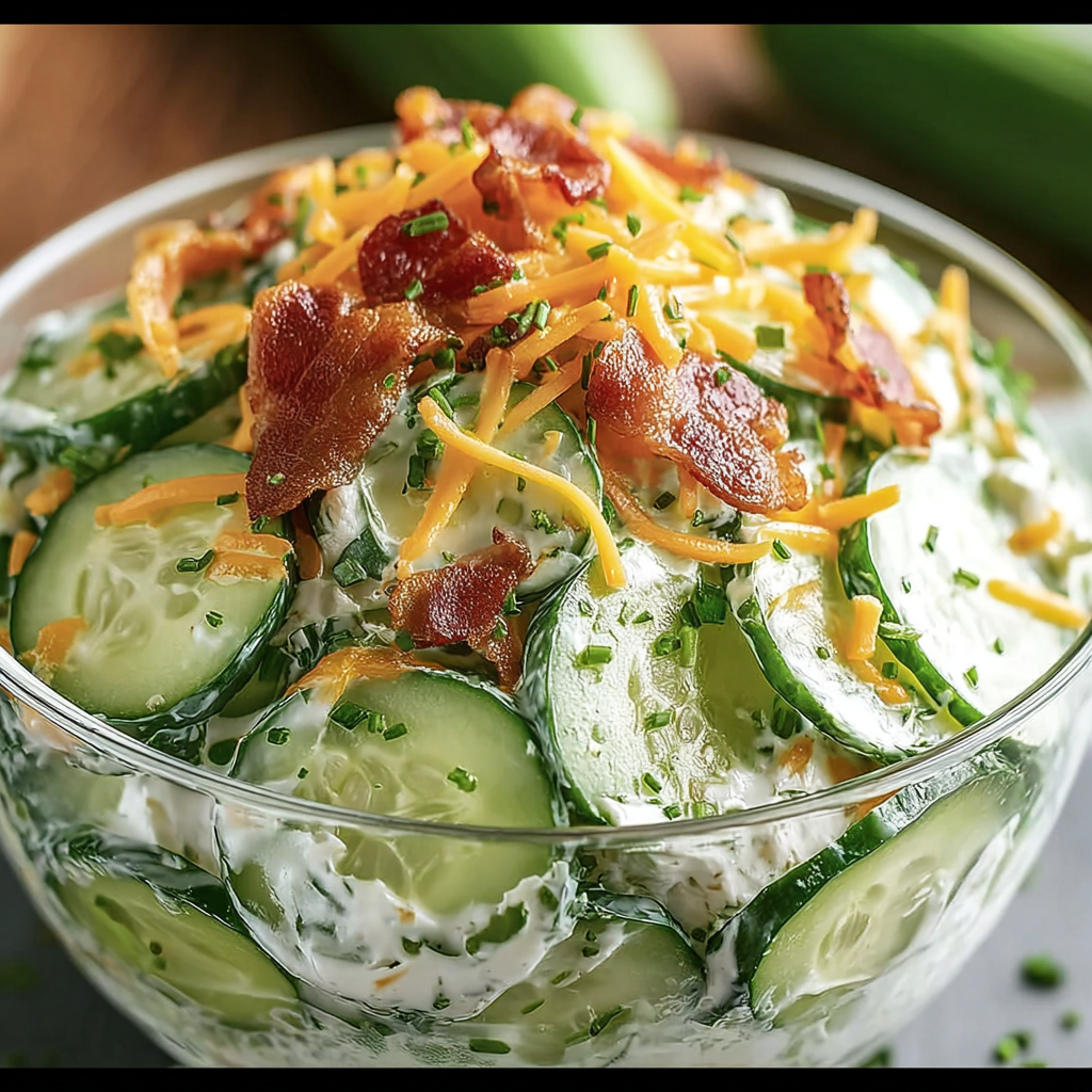 Chilled salad in a bowl with cheese and bacon, plus a cucumber slice on the side.