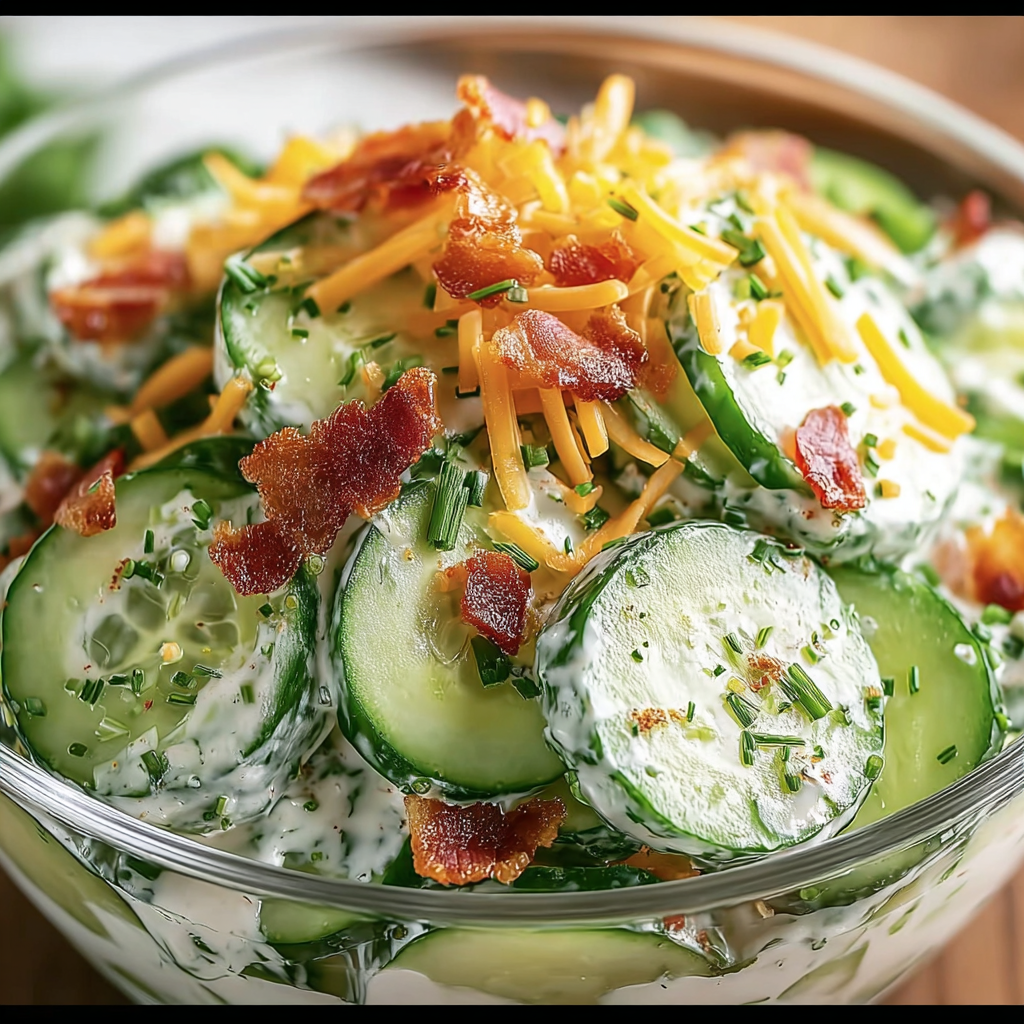 Salad bowl packed with bacon, cheese, cucumbers, and other veggie bits.
