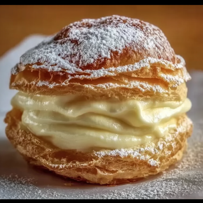 A delicious dessert, Special Italian Cream Puffs with Custard Filling, is presented on a plate.