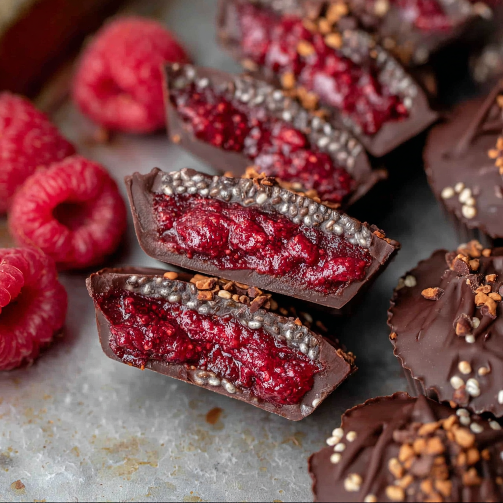 A close up of a Raspberry Jam Chocolate Bite with a raspberry on the side.