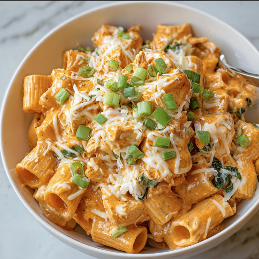 A bowl of pasta with cheese and green onions, possibly a dish called "Penne alla Vodka.