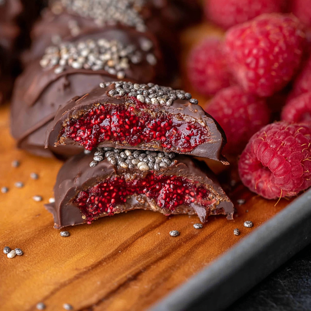 A close up of a chocolate and raspberry treat with a sprinkle of nuts on top.