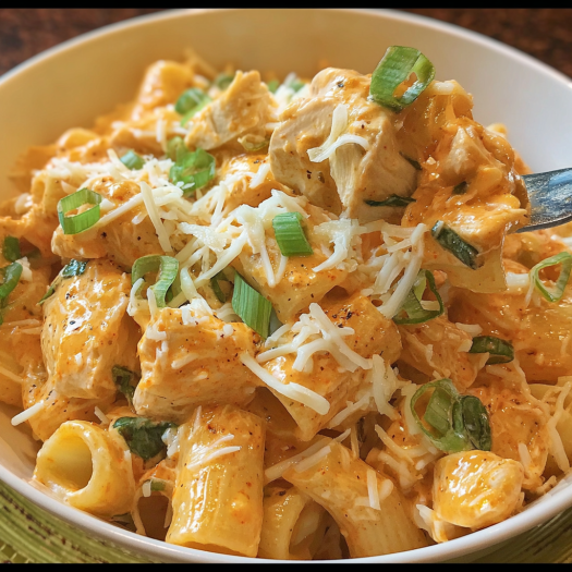 A bowl of pasta with chicken and cheese, served with a fork.