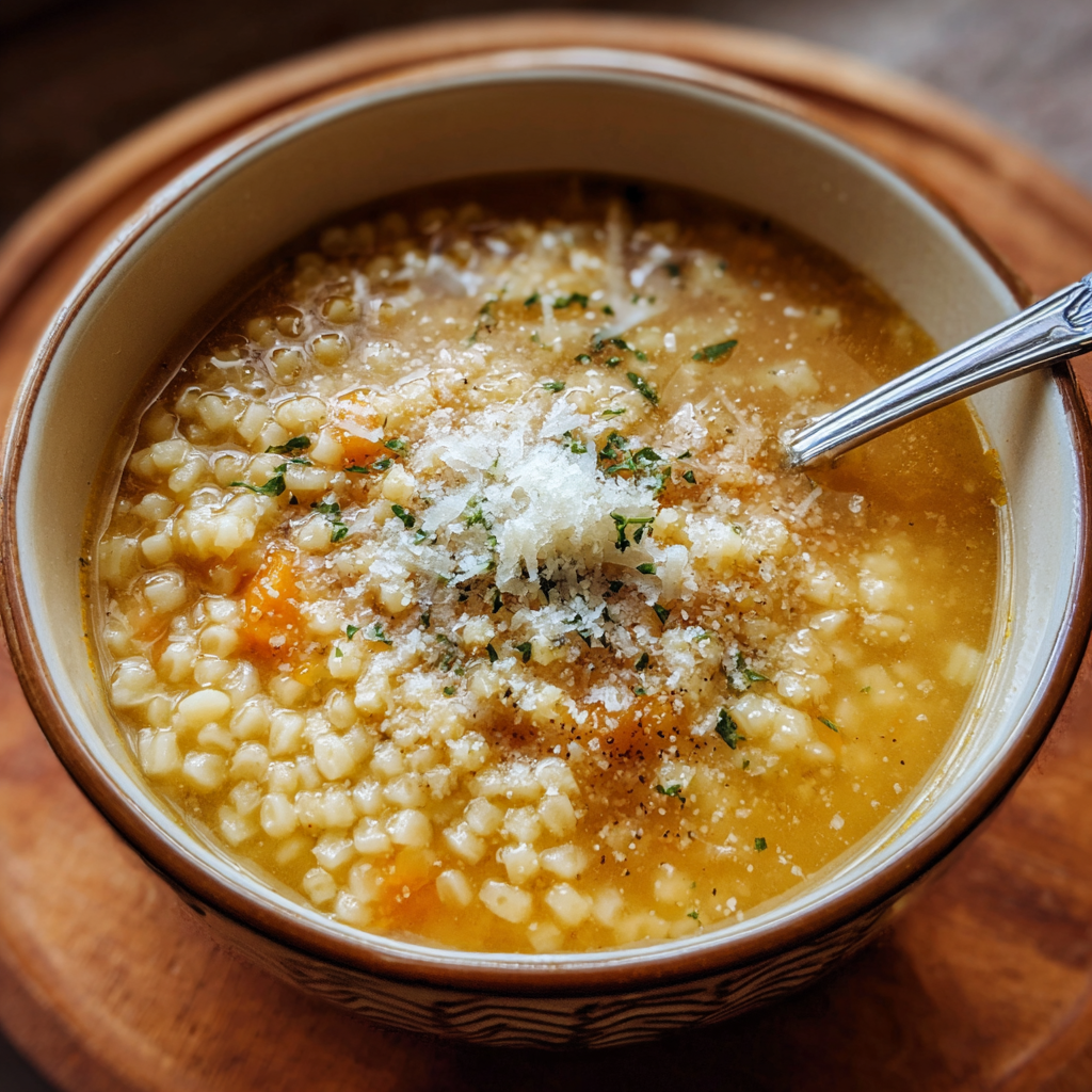 A bowl of Italian Penicillin soup, featuring pastina and cheese, is served on a wooden table.