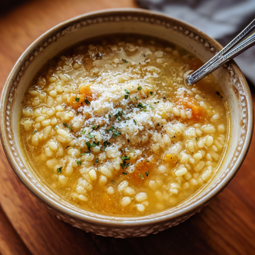 A bowl of soup with a spoon in it, topped with cheese and herbs.