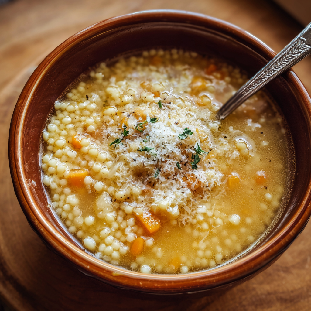 A bowl of soup with pasta, cheese, and carrots, served on a wooden table.
