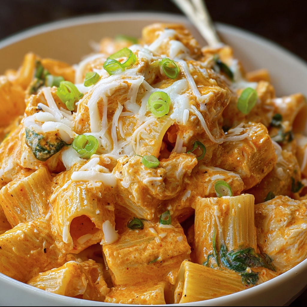 A bowl of pasta with cheese and sauce, possibly a crockpot buffalo chicken pasta dish.