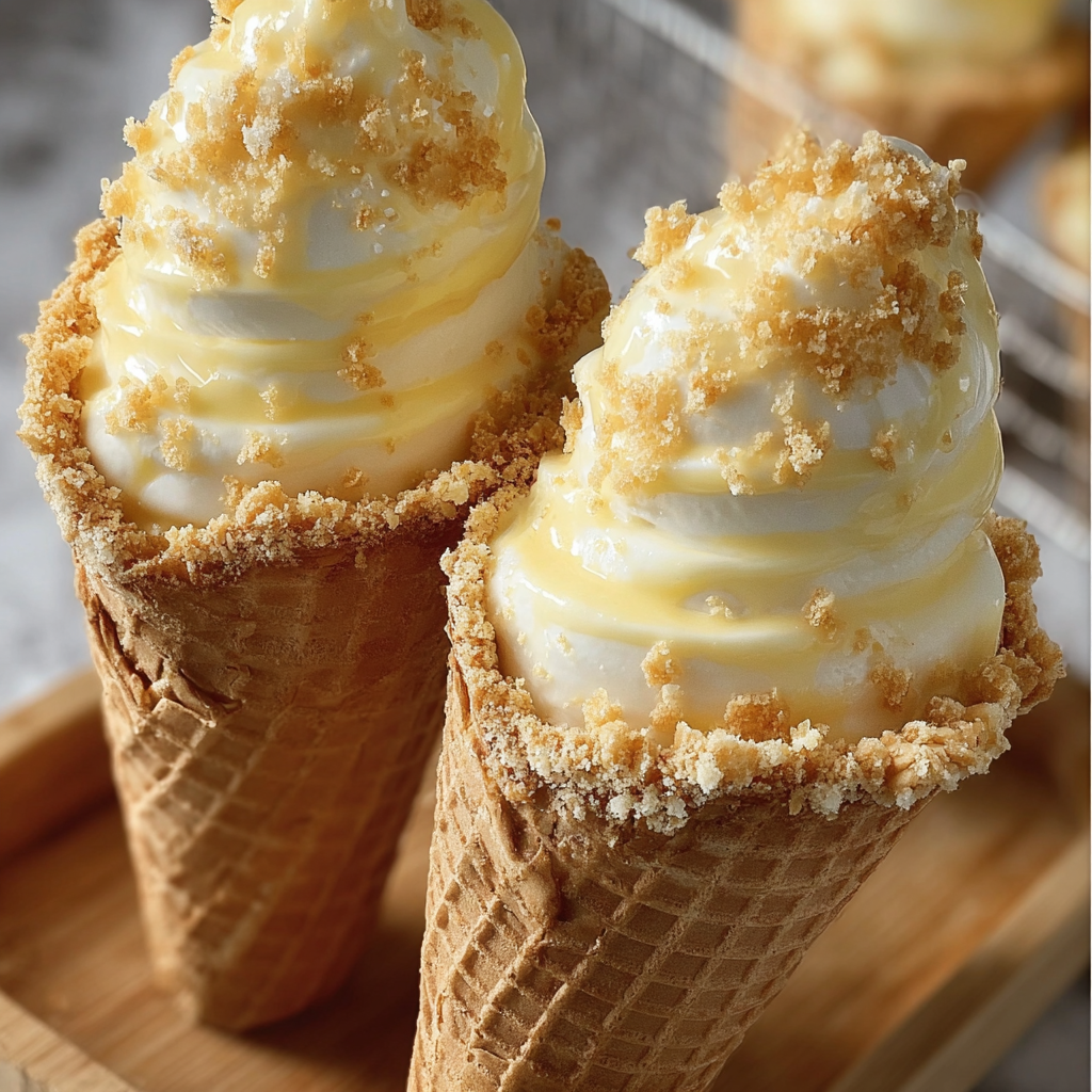 Two scoops of Banana Pudding Cheesecake Cones on a wooden tray.