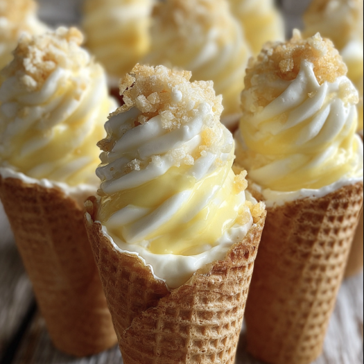 Banana Pudding Cheesecake Cones Recipe: A close up of a dessert with a yellow and white swirl, served in a cone.