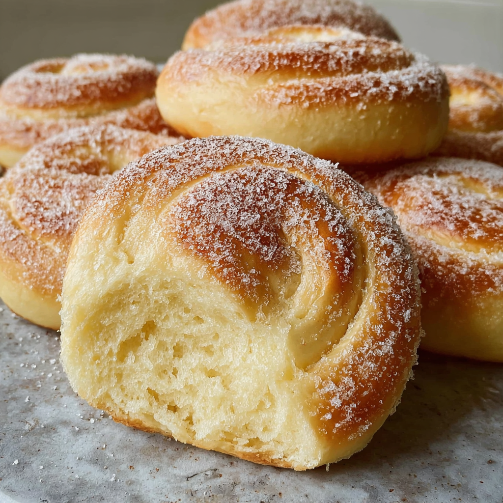 A plate of freshly baked sugar-coated bread rolls.