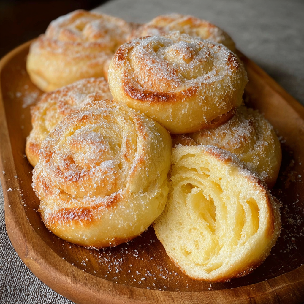 A plate of sugar-coated pastries, including a cinnamon roll, is displayed on a wooden table.