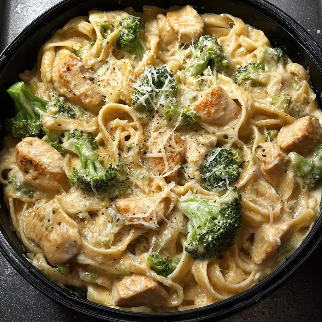 A bowl of pasta with chicken and broccoli.