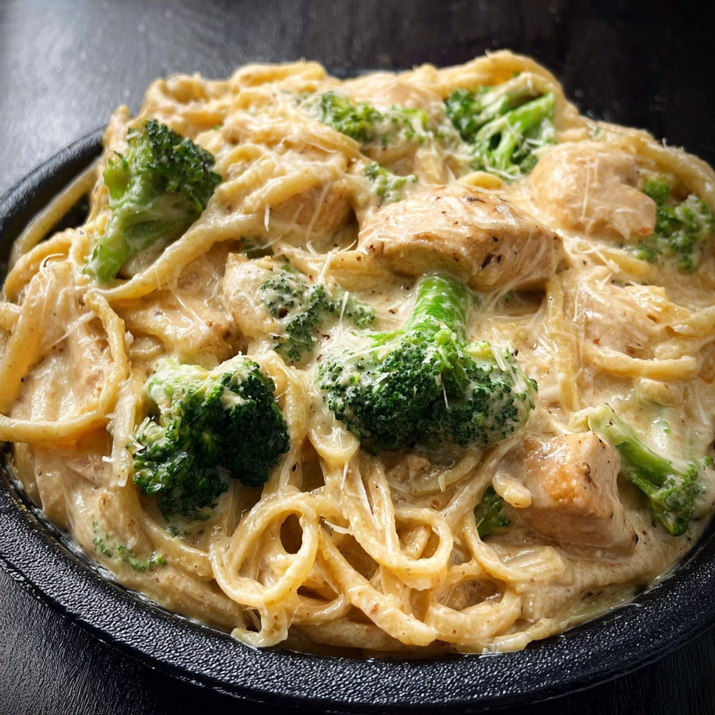 A bowl of pasta with broccoli and chicken.